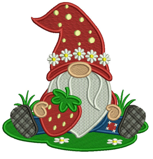 Gnome Holding a Strawberry Filled Machine Embroidery Design Digitized Pattern
