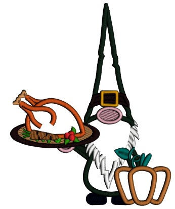 Gnome Holding a Turkey Thanksgiving Applique Machine Embroidery Design Digitized Pattern