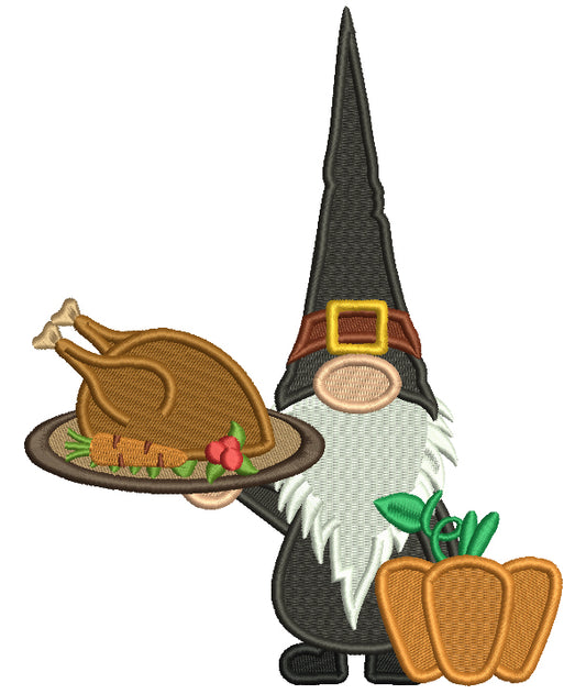 Gnome Holding a Turkey Thanksgiving Filled Machine Embroidery Design Digitized Pattern
