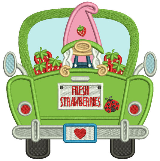 Gnome In The Back Of a Truck With Strawberries Applique Machine Embroidery Design Digitized Pattern