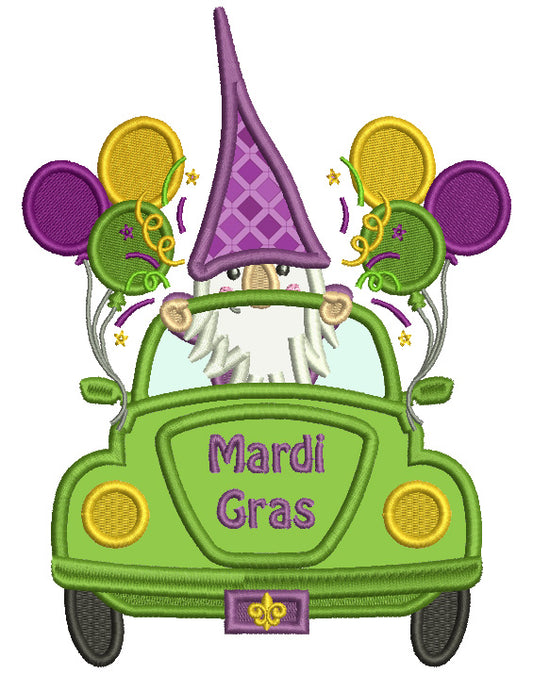 Gnome In The Car With Balloons Mardi Gras Applique Machine Embroidery Design Digitized Pattern