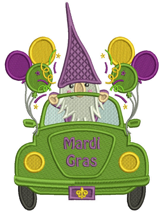 Gnome In The Car With Balloons Mardi Gras Filled Machine Embroidery Design Digitized Pattern