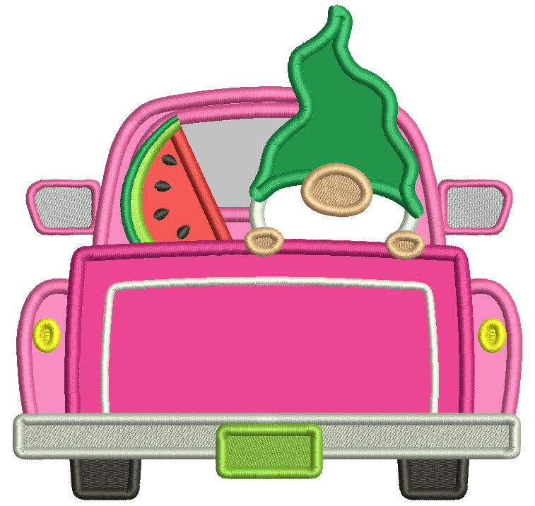 Gnome In The Car With a Watermelon Applique Machine Embroidery Design Digitized Pattern