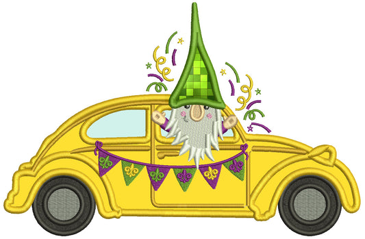 Gnome Riding In The Car Mardi Gras Applique Machine Embroidery Design Digitized Pattern