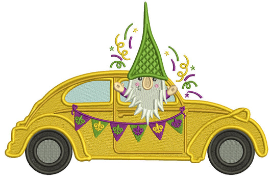 Gnome Riding In The Car Mardi Gras Filled Machine Embroidery Design Digitized Pattern
