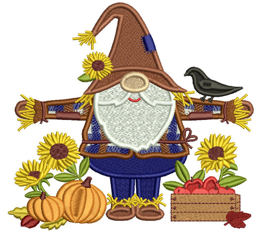 Gnome Scarecrow And Flowers Fall Filled Machine Embroidery Design Digitized Pattern