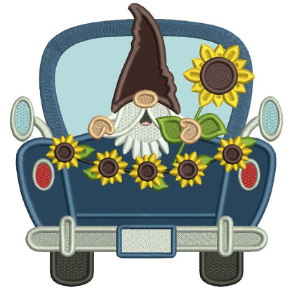 Gnome Sitting In The Back Of The Truck Holding Sunflower Fall Applique Machine Embroidery Design Digitized Pattern