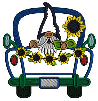 Gnome Sitting In The Back Of The Truck Holding Sunflower Fall Applique Machine Embroidery Design Digitized Pattern