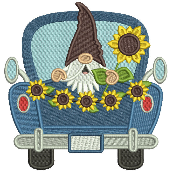 Gnome Sitting In The Back Of The Truck Holding Sunflower Fall Filled Machine Embroidery Design Digitized Pattern