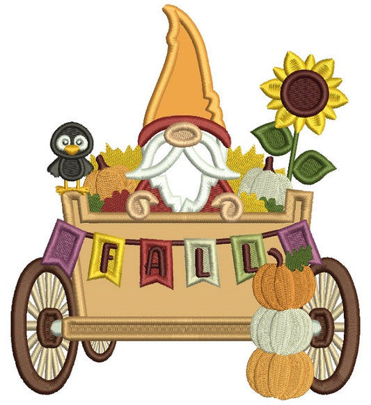 Gnome Sitting In The Wagon With Pumpkins Fall Applique Machine Embroidery Design Digitized Pattern