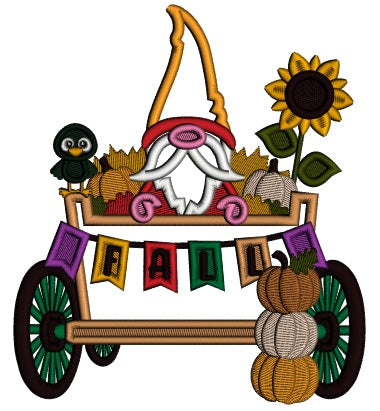 Gnome Sitting In The Wagon With Pumpkins Fall Applique Machine Embroidery Design Digitized Pattern