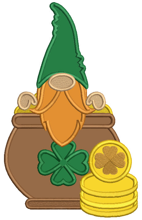 Gnome Sitting In a Pot Of Gold Applique St. Patrick's Day Machine Embroidery Design Digitized Pattern