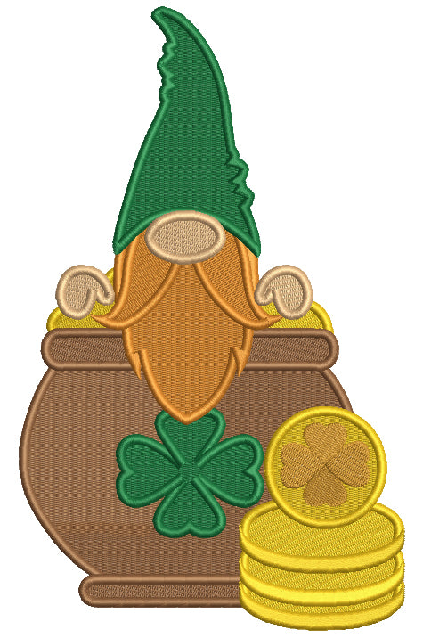 Gnome Sitting In a Pot Of Gold Filled St. Patrick's Day Machine Embroidery Design Digitized Pattern