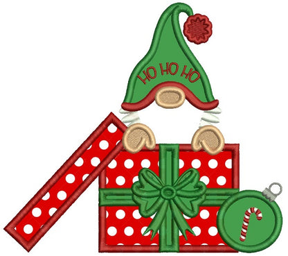 Gnome Sitting Inside a Box With Presents Wearing Santa Hat Christmas Applique Machine Embroidery Design Digitized Pattern