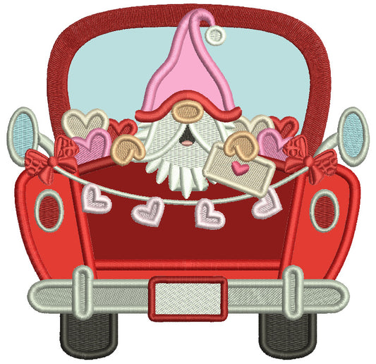 Gnome Sitting Inside a Pickup Truck With Hearts Valentines Day Applique Machine Embroidery Design Digitized Pattern