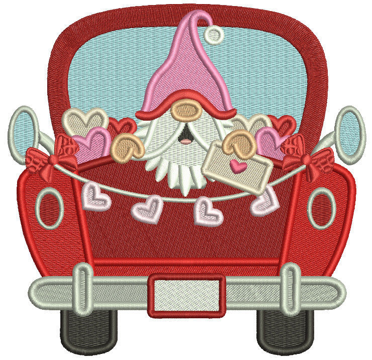 Gnome Sitting Inside a Pickup Truck With Hearts Valentines Day Filled Machine Embroidery Design Digitized Pattern