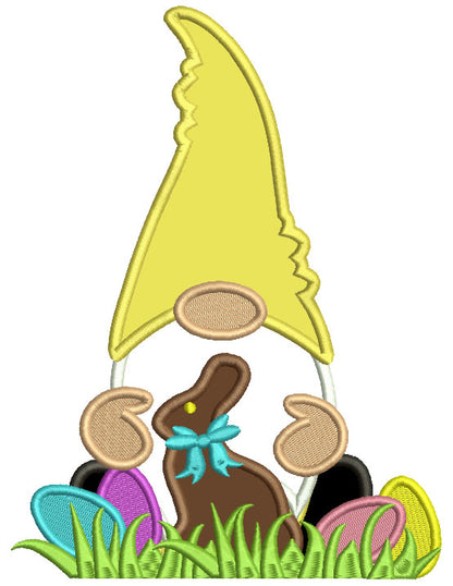 Gnome Sitting Next To Chocolate Bunny Applique Easter Machine Embroidery Design Digitized Pattern