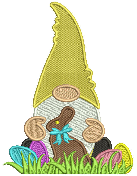 Gnome Sitting Next To Chocolate Bunny Filled Easter Machine Embroidery Design Digitized Pattern