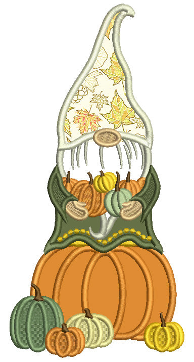 Gnome Sitting On The Big Pumpkin Halloween Applique Machine Embroidery Design Digitized Pattern