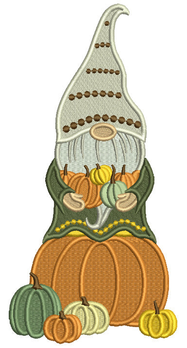 Gnome Sitting On The Big Pumpkin Halloween Filled Machine Embroidery Design Digitized Pattern