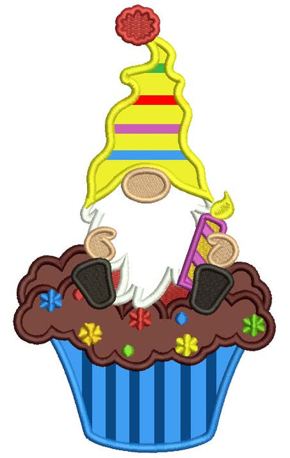 Gnome Sitting On The Cupcake Birthday Applique Machine Embroidery Design Digitized Pattern