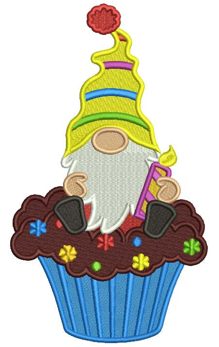 Gnome Sitting On The Cupcake Birthday Filled Machine Embroidery Design Digitized Pattern