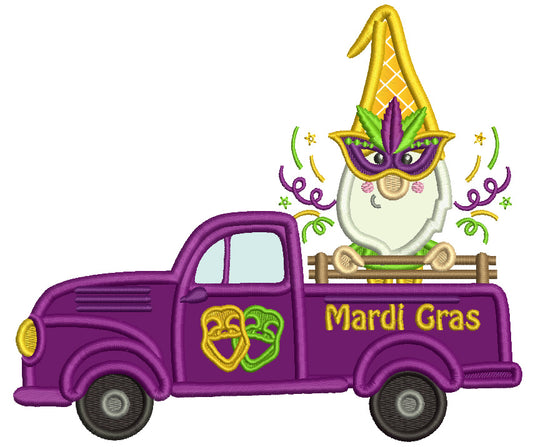 Gnome Sitting On The Mardi Gras Truck Applique Machine Embroidery Design Digitized Pattern