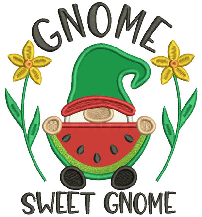 Gnome Sweet Gnome Eating Watermelon Applique Machine Embroidery Design Digitized Pattern