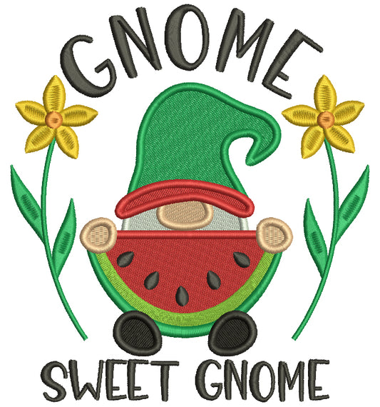 Gnome Sweet Gnome Eating Watermelon Filled Machine Embroidery Design Digitized Pattern