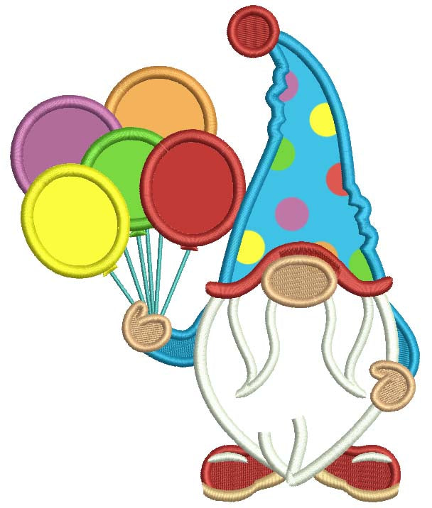 Gnome WIth Five Balloons Birthday Applique Machine Embroidery Design Digitized Pattern
