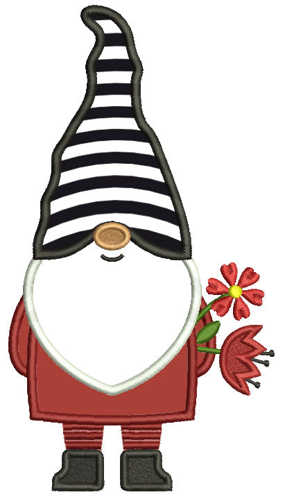 Gnome WIth Flowers Behind His Back Valentine's Day Applique Machine Embroidery Design Digitized Pattern