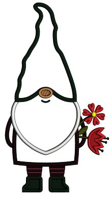 Gnome WIth Flowers Behind His Back Valentine's Day Applique Machine Embroidery Design Digitized Pattern