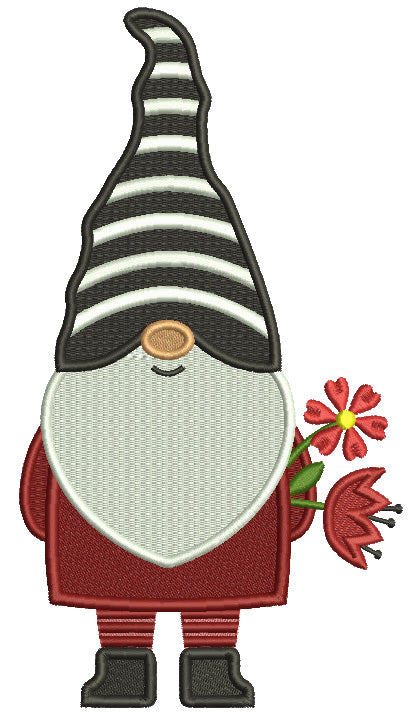 Gnome WIth Flowers Behind His Back Valentine's Day Filled Machine Embroidery Design Digitized Pattern