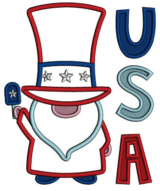 Gnome WIth a Big AMerican USA Hat Patriotic 4th Of July Applique Machine Embroidery Design Digitized Pattern