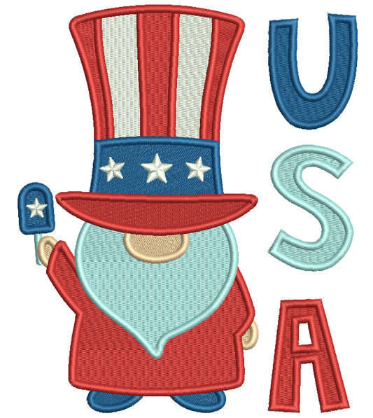 Gnome WIth a Big AMerican USA Hat Patriotic 4th Of July Filled Machine Embroidery Design Digitized Pattern