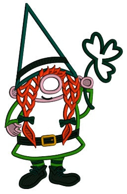 Gnome WIth a Big Pointy Hat Holding Shamrock St.Patrick's Day Applique Machine Embroidery Design Digitized Pattern