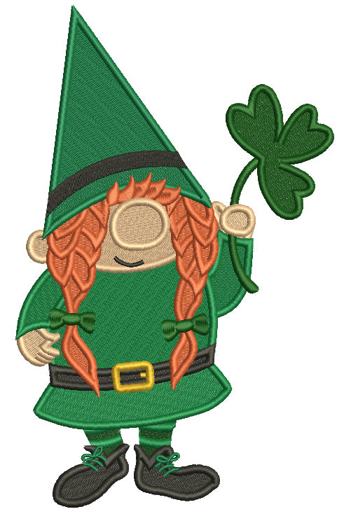Gnome WIth a Big Pointy Hat Holding Shamrock St.Patrick's Day Filled Machine Embroidery Design Digitized Pattern