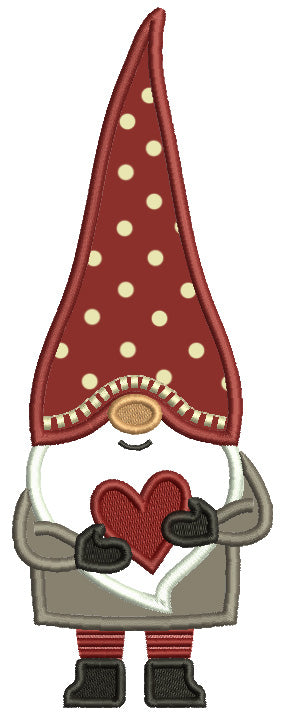Gnome WIth a Tall Hat Holding a Heart Valentine's Day Applique Machine Embroidery Design Digitized Pattern
