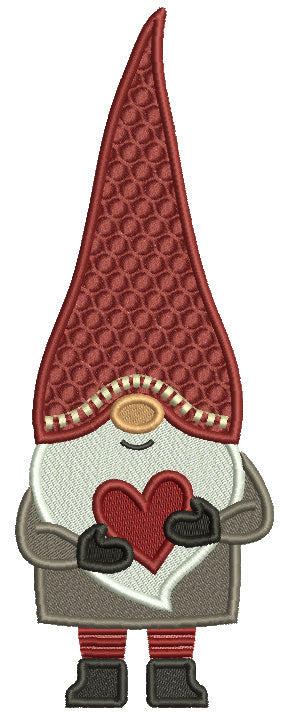 Gnome WIth a Tall Hat Holding a Heart Valentine's Day Filled Machine Embroidery Design Digitized Pattern
