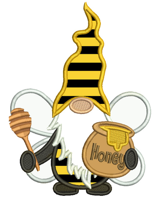 Gnome Wearing Bee Costume With Honey Applique Machine Embroidery Design Digitized Pattern