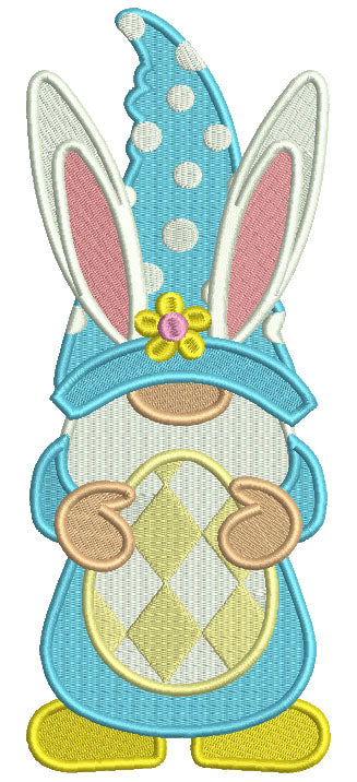 Gnome Wearing Bunny Ears And Holding Easter Egg With Flowers Filled Machine Embroidery Design Digitized Pattern