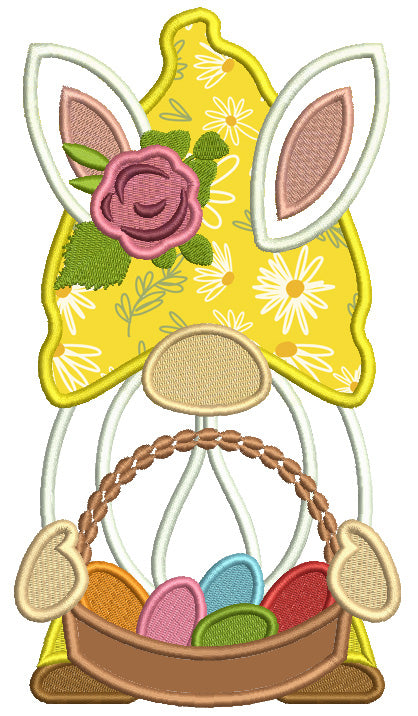 Gnome Wearing Bunny Ears Holding Easter Eggs Applique Machine Embroidery Design Digitized Pattern