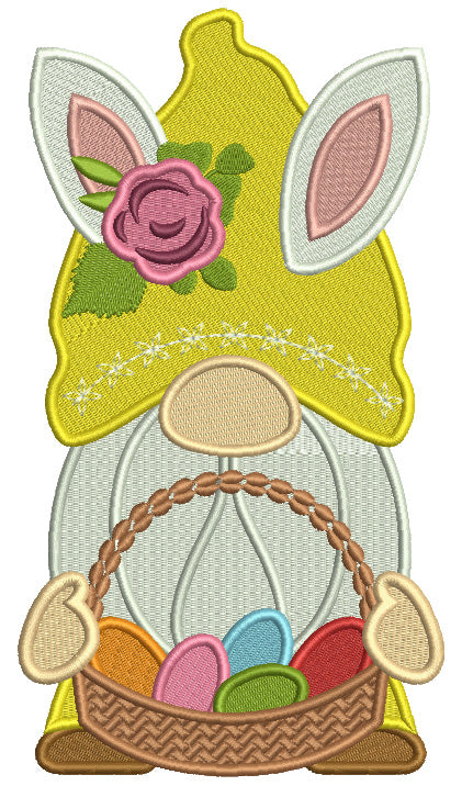 Gnome Wearing Bunny Ears Holding Easter Eggs Filled Machine Embroidery Design Digitized Pattern