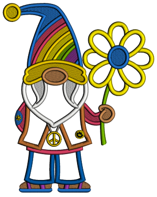 Gnome Wearing Peace Sign Holding Flower Applique Machine Embroidery Design Digitized Pattern