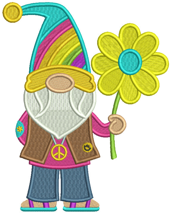 Gnome Wearing Peace Sign Holding Flower Filled Machine Embroidery Design Digitized Pattern