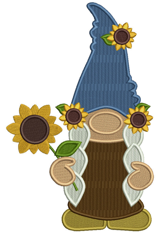 Gnome With Big Hat And Sunflowers Fall Filled Machine Embroidery Design Digitized Pattern