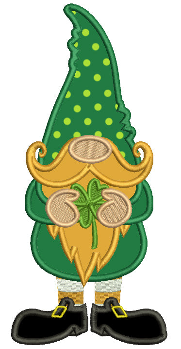 Gnome With Big Hat Holding a Shamrock Applique St. Patrick's Day Machine Embroidery Design Digitized Pattern