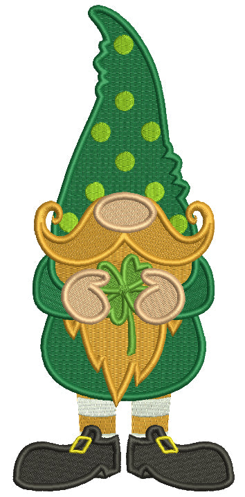 Gnome With Big Hat Holding a Shamrock Filled St. Patrick's Day Machine Embroidery Design Digitized Pattern