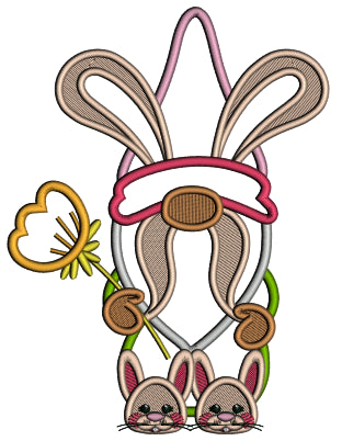 Gnome With Bunny Ears Holding a Flower Easter Applique Machine Embroidery Design Digitized Pattern