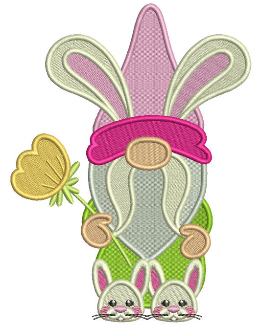 Gnome With Bunny Ears Holding a Flower Easter Filled Machine Embroidery Design Digitized Pattern